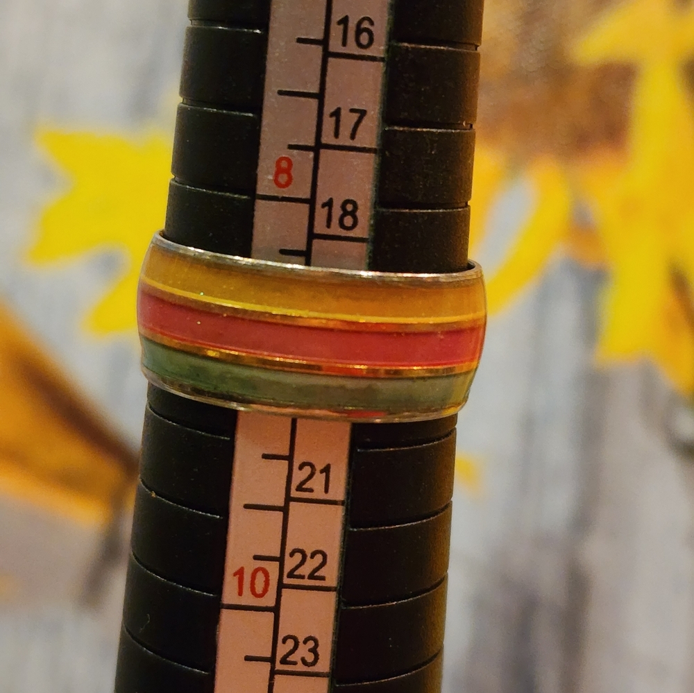 Unbranded multicolored rainbow striped ring, size 9, greenish, yellowish, redish